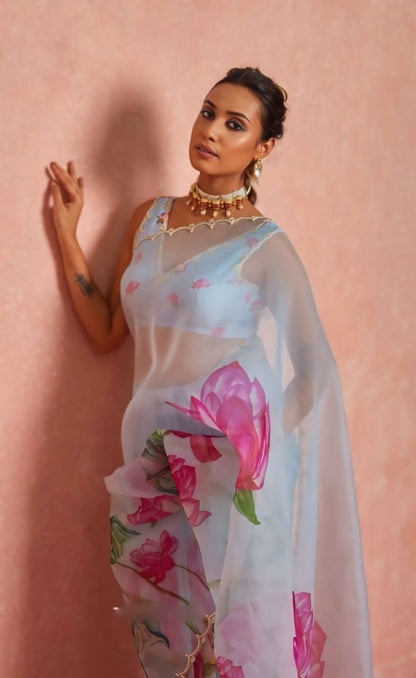 Ready To Wear Organza Silk Saree - Floral Printed