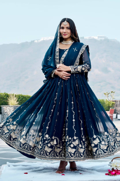 RangBhoomi Festival Long Gown with Matching Dupatta – Elegant Fox Georgette Ensemble with Heavy Sequin Embroidery