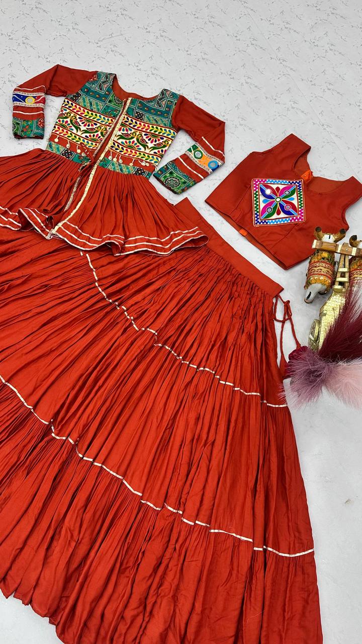 RangBhoomi Navratri Special Gamathi Work 9m Flair Pure Cotton Lehenga Choli - Fully Stitched