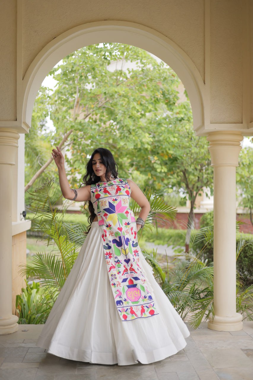 RangBhoomi Navratri Cora Cotton Lehenga Set — Embroidered Cotton Blouse (White & Black)