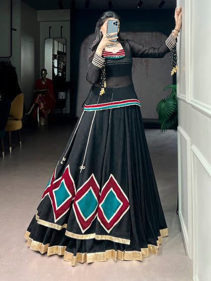 RangBhoomi Navratri 2026 Marble Fabric Festive Lehenga Set with Lace and Cowrie Bell Accents