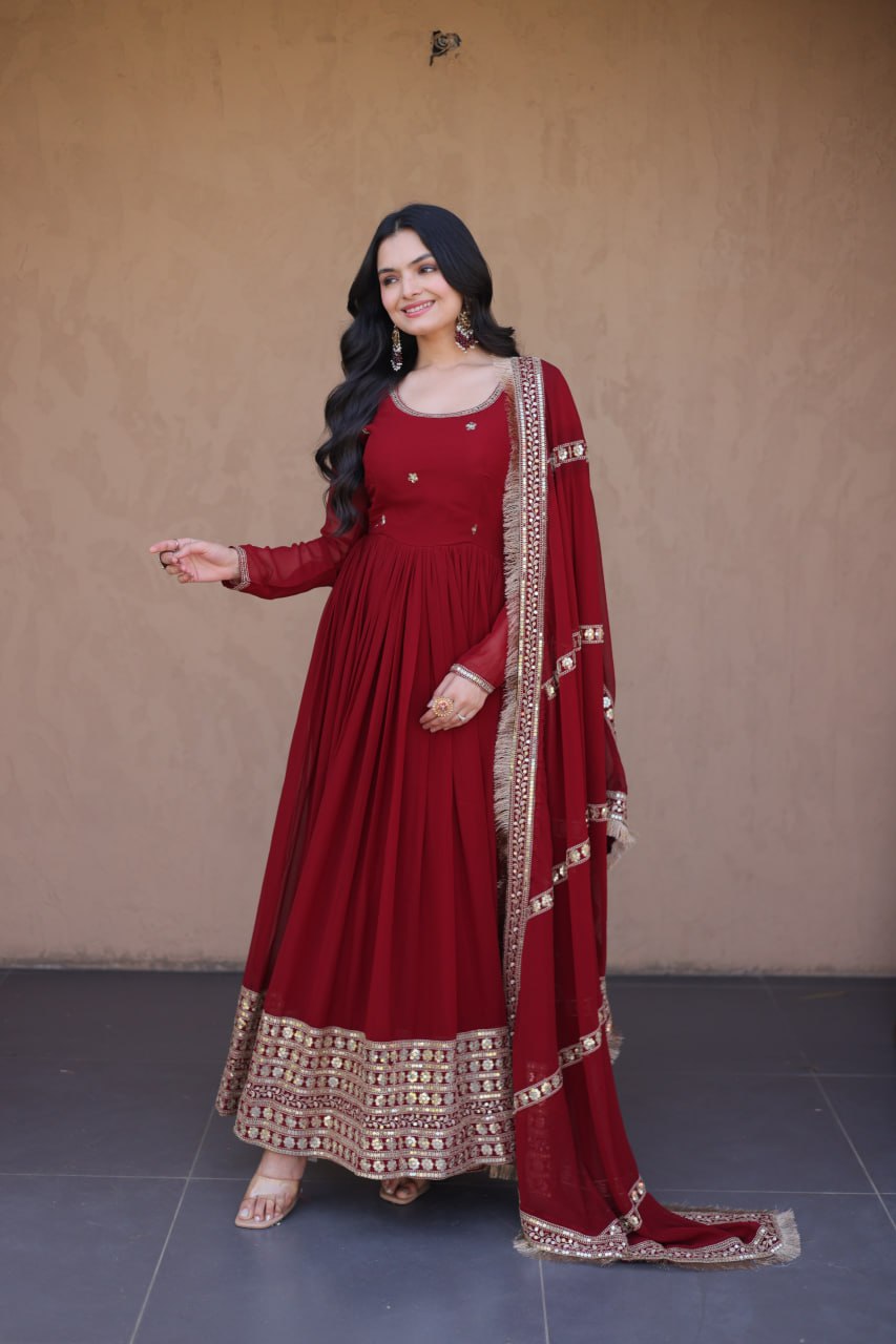 RangBhoomi Festive Faux Blooming Gown with Embroidered Dupatta - Rama & Maroon