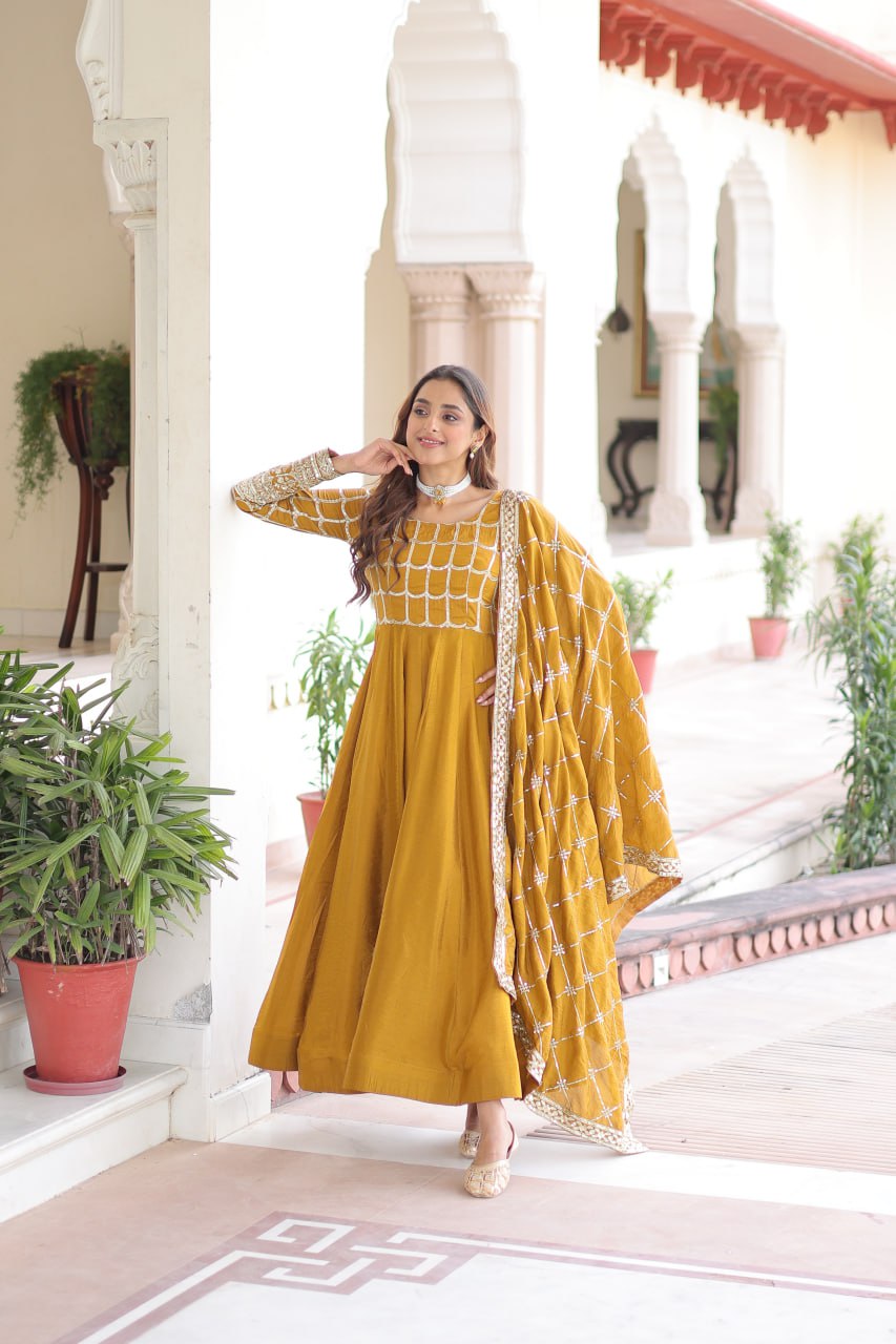 RangBhoomi Premium Ready-to-Wear Embroidered Gown and Dupatta Set