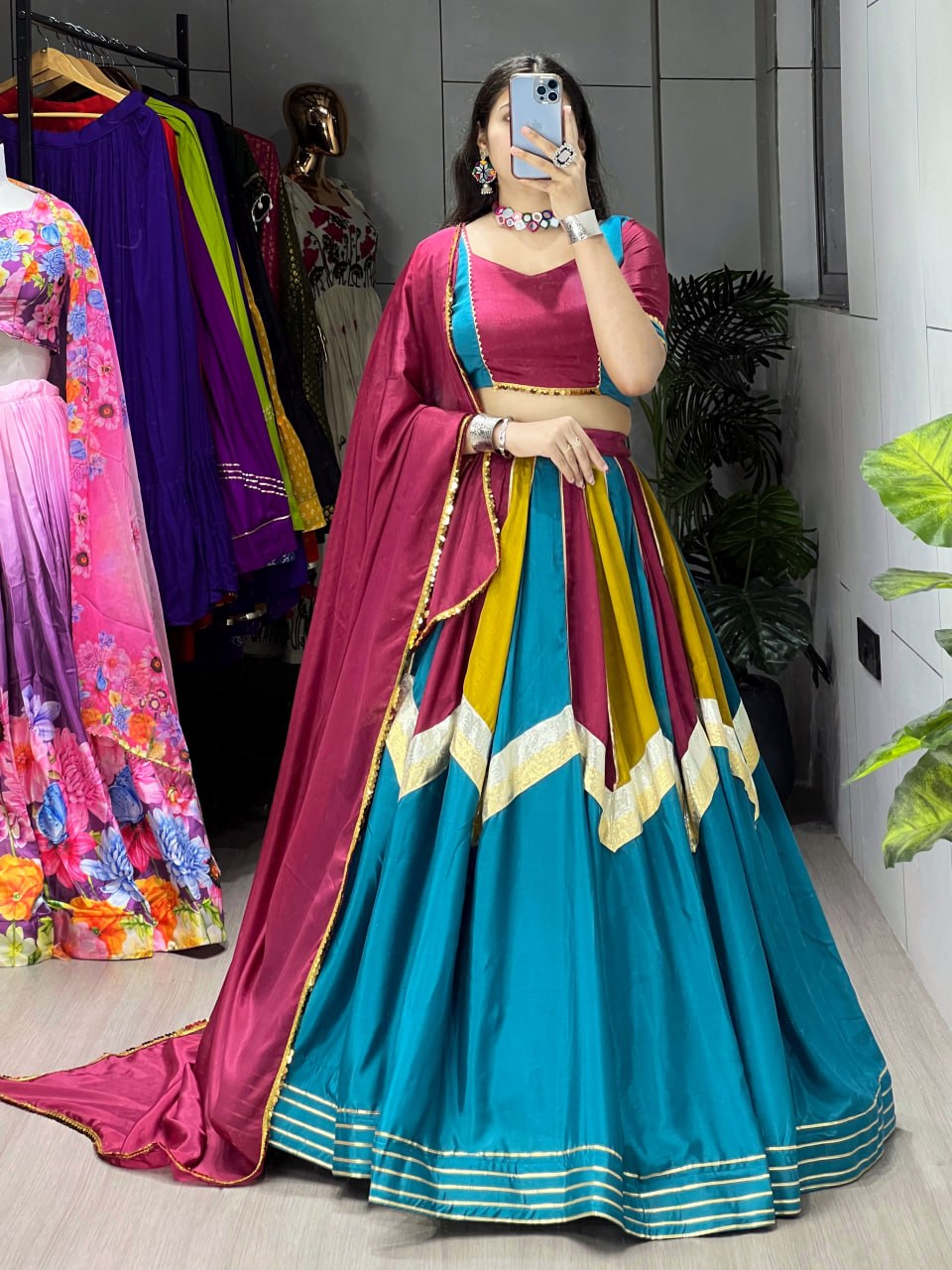 Fully Tailored Chinon Fabric Ethnic Lehenga Set for Women with Embellishments