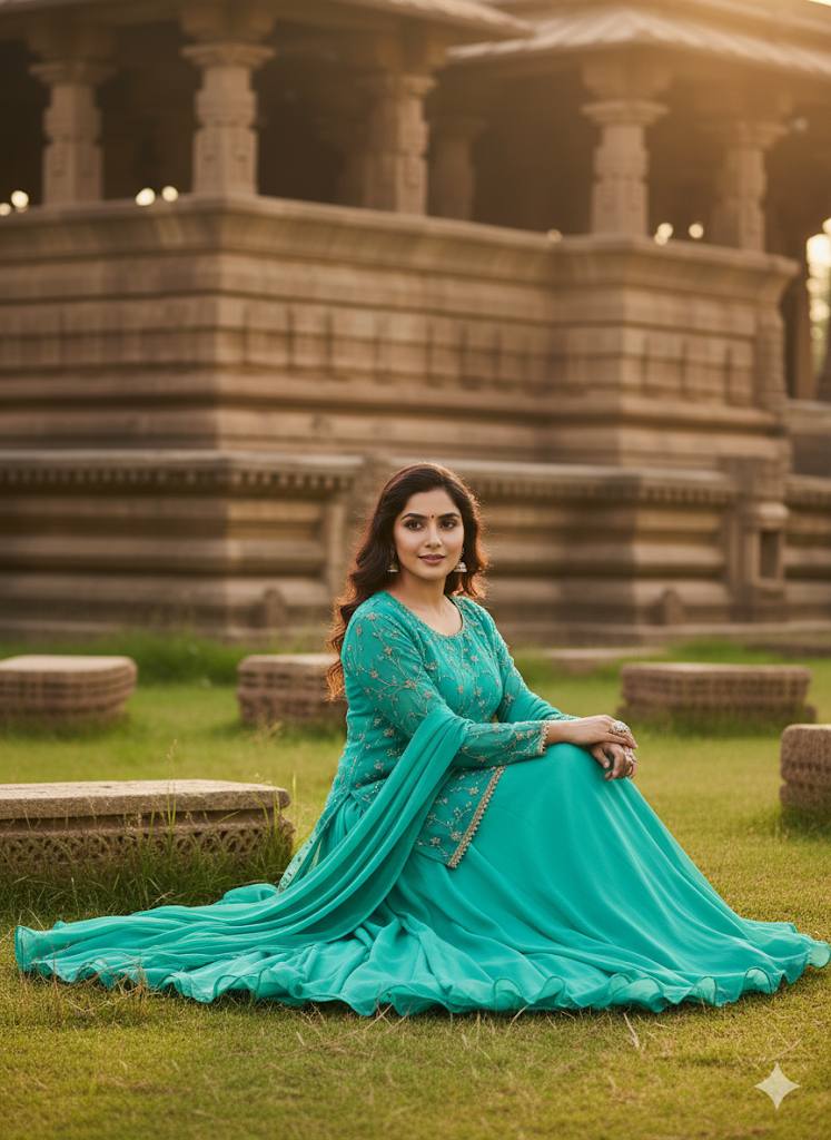 Model sitting in a mint green peplum skirt set with dupatta.