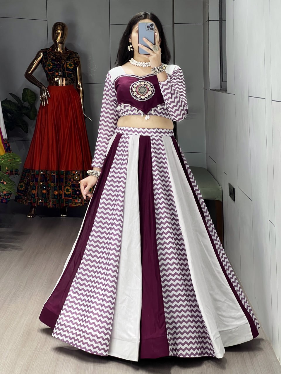Ethnic Women's Pure Rayon Cotton Lehenga Set with Muslin Leheriya Pattern