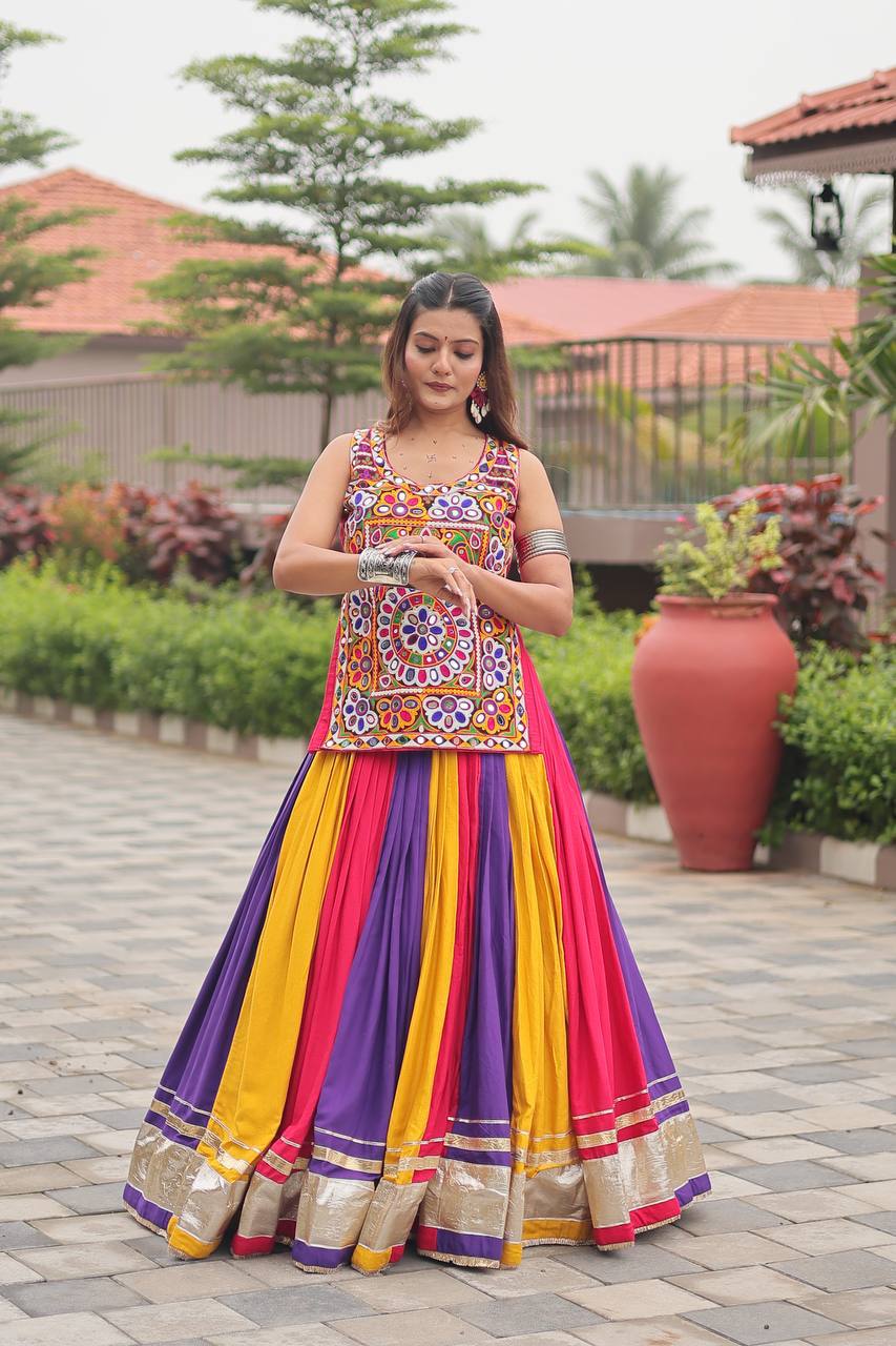 RangBhoomi Navratri Gamathi Work Lehenga Choli — 6m Flair, Heavy Mirror & Ribbon Work