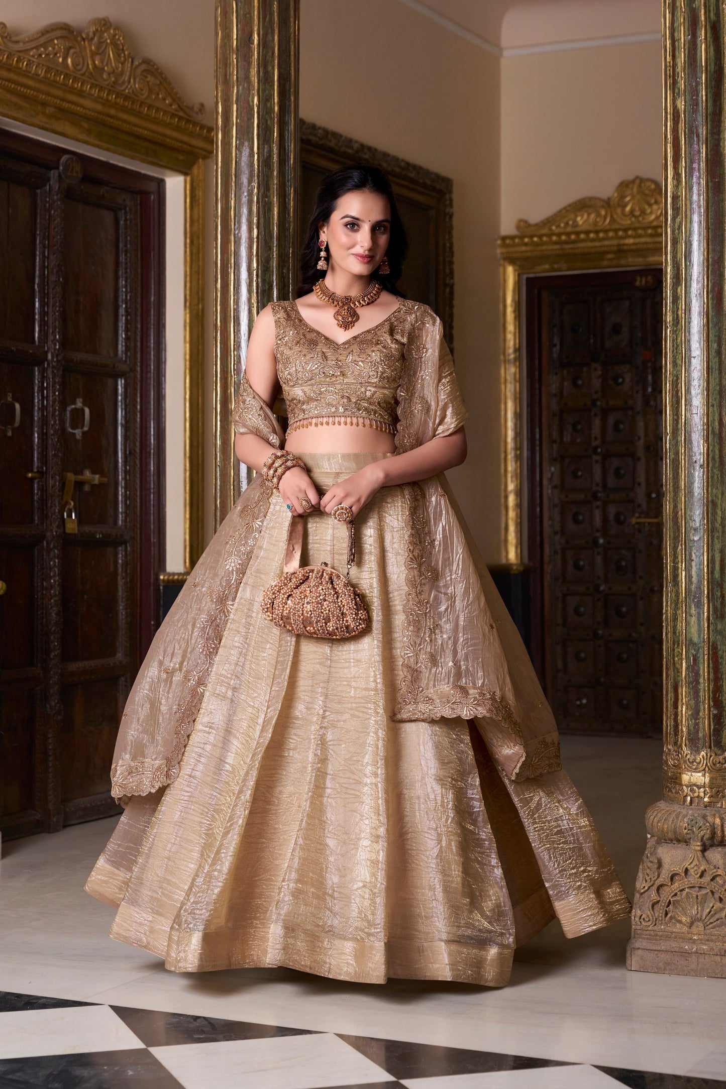 Elegant Gold Crush Lehenga Ensemble with Embroidered Sequins Blouse and Matching Dupatta
