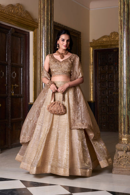 Elegant Gold Crush Lehenga Ensemble with Embroidered Sequins Blouse and Matching Dupatta