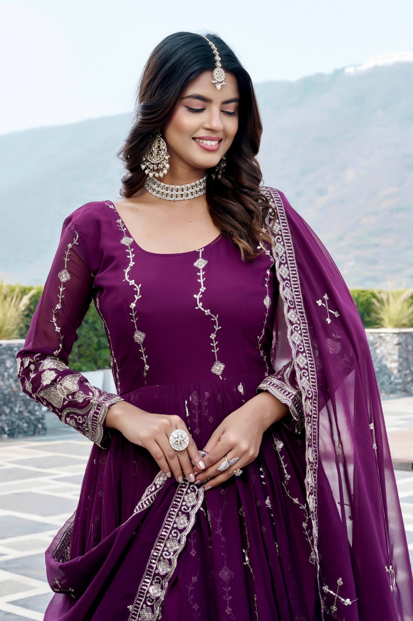 RangBhoomi Festival Long Gown with Matching Dupatta – Elegant Fox Georgette Ensemble with Heavy Sequin Embroidery