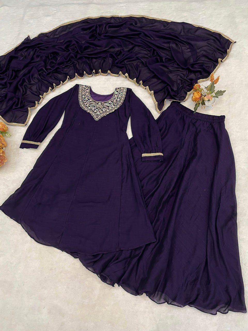 Elegant Traditional Palazzo Suit Set with Embroidered Kurta and Lace-Edged Dupatta