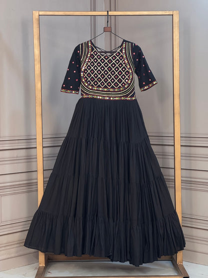 RangBhoomi Navratri Gown Collection 2026 - Off-White & Black Kora Cotton Embroidered Gown