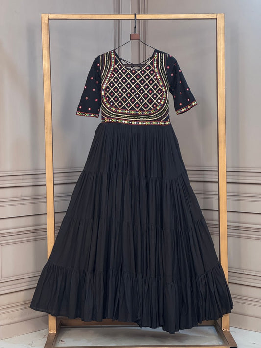 RangBhoomi Navratri Gown Collection 2026 - Off-White & Black Kora Cotton Embroidered Gown