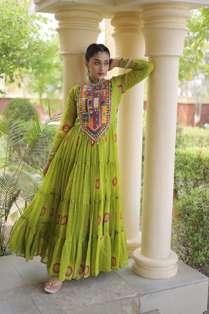 RangBhoomi Bandhani & Kutchi Patchwork Faux Georgette Gown — Navratri Collection 2026