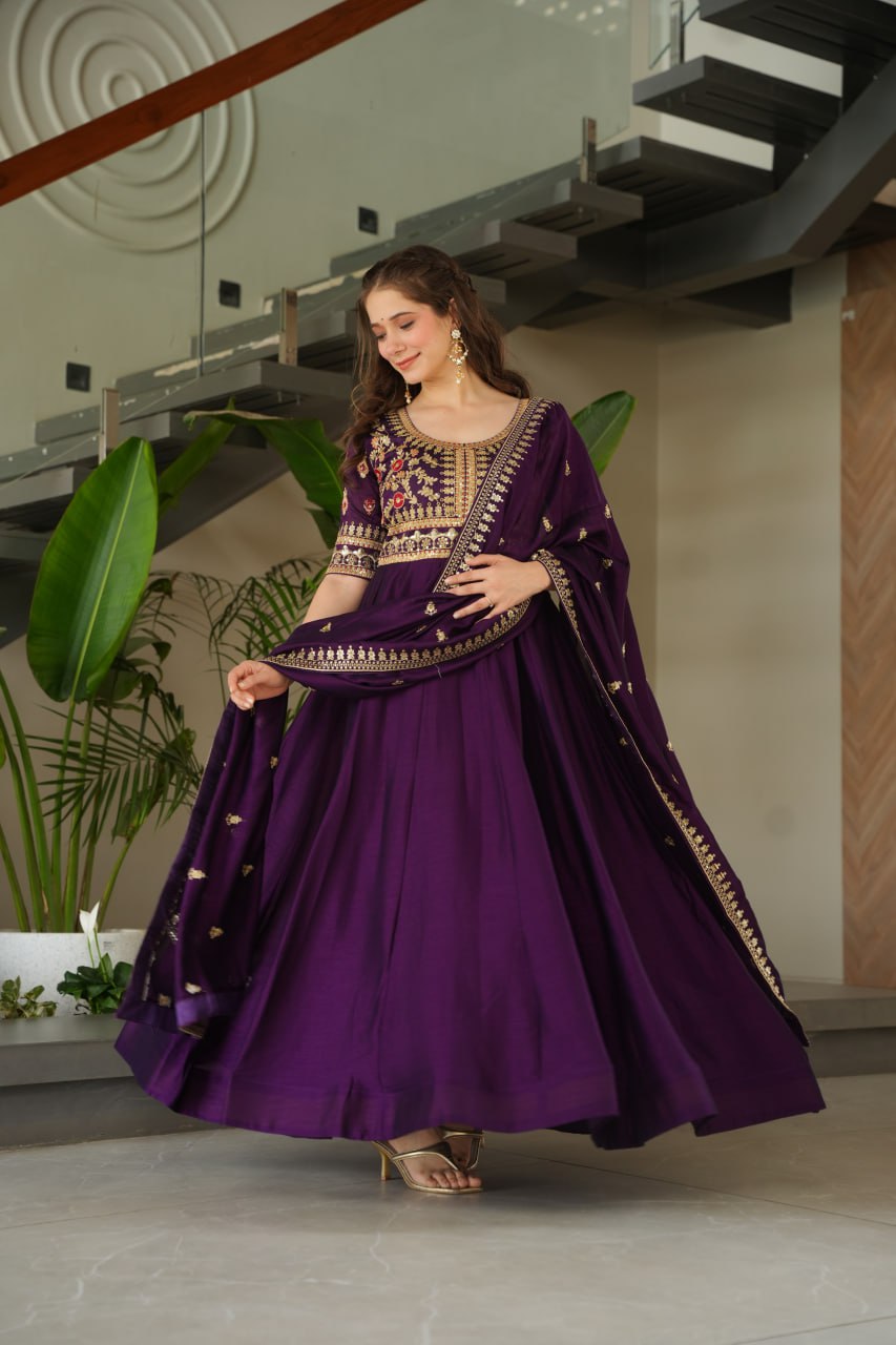 Exquisite Vichitra Silk Embroidered Gown