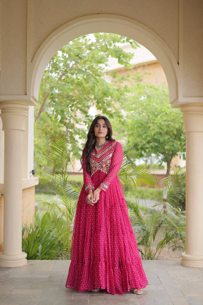 RangBhoomi Bandhani & Kutchi Patchwork Faux Georgette Gown — Navratri Special