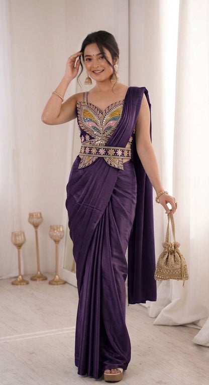 RangBhoomi Ready-to-Wear Saree with Elegant Embroidery and Sequined Blouse – Heavy Crepe Fabric