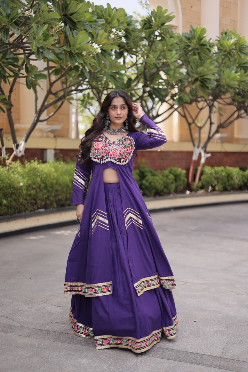 RangBhoomi Feather-Light Jacket Lehenga Set – Lotus Handwork, Long Jacket Ready-to-Wear