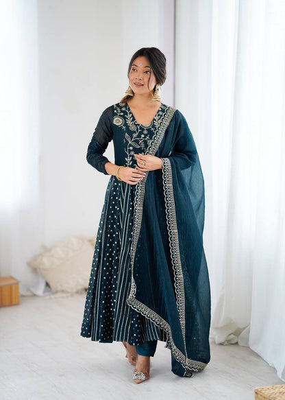 Festive Ready-to-Wear Fully Stitched Anarkali Gown Set with Embroidered Sequins and Lace-Trimmed Dupatta