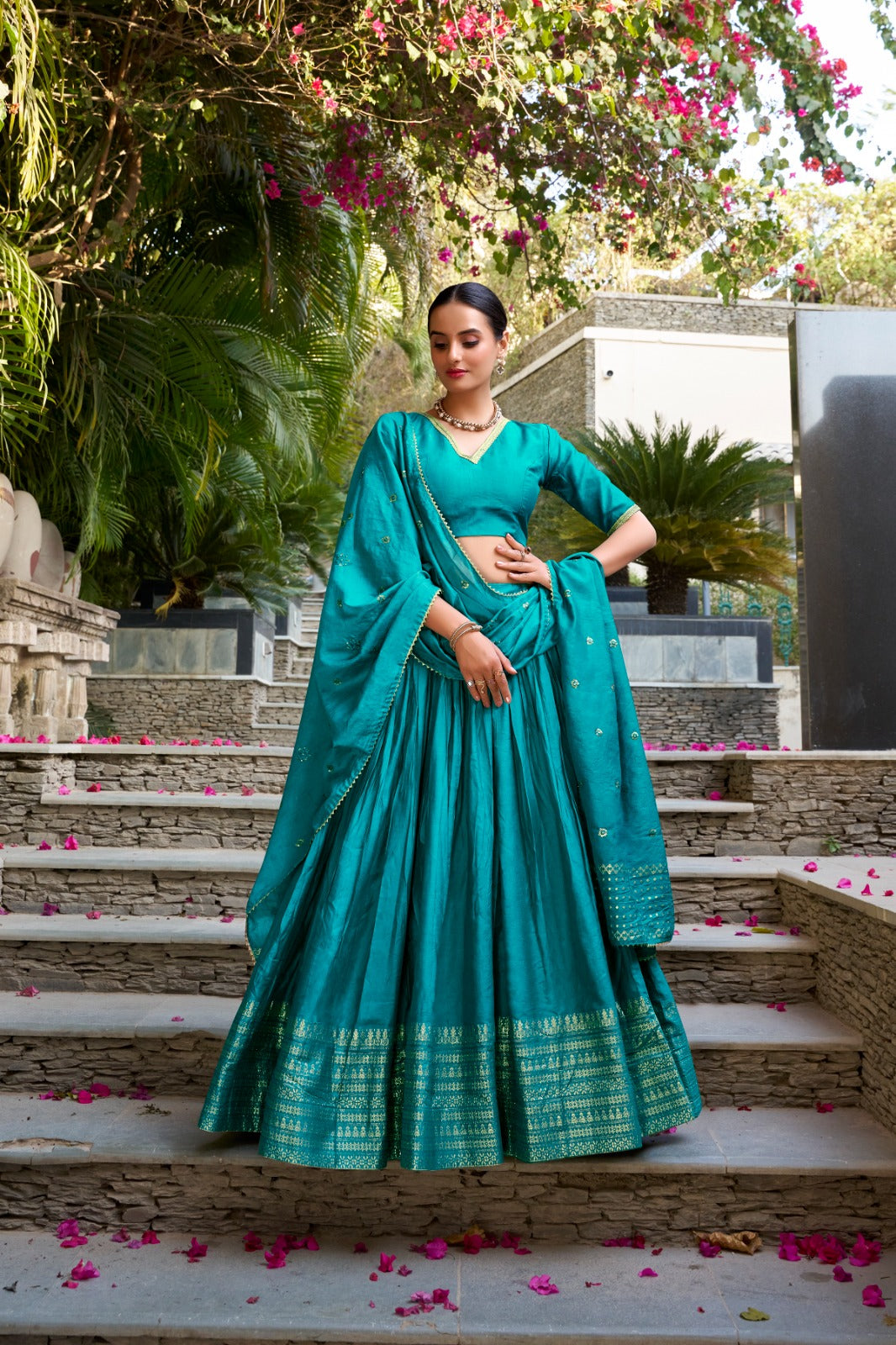 Elegant Pure Chanderi Lehenga Set with Exquisite Zari Work Border and Sequin-Embellished Dupatta