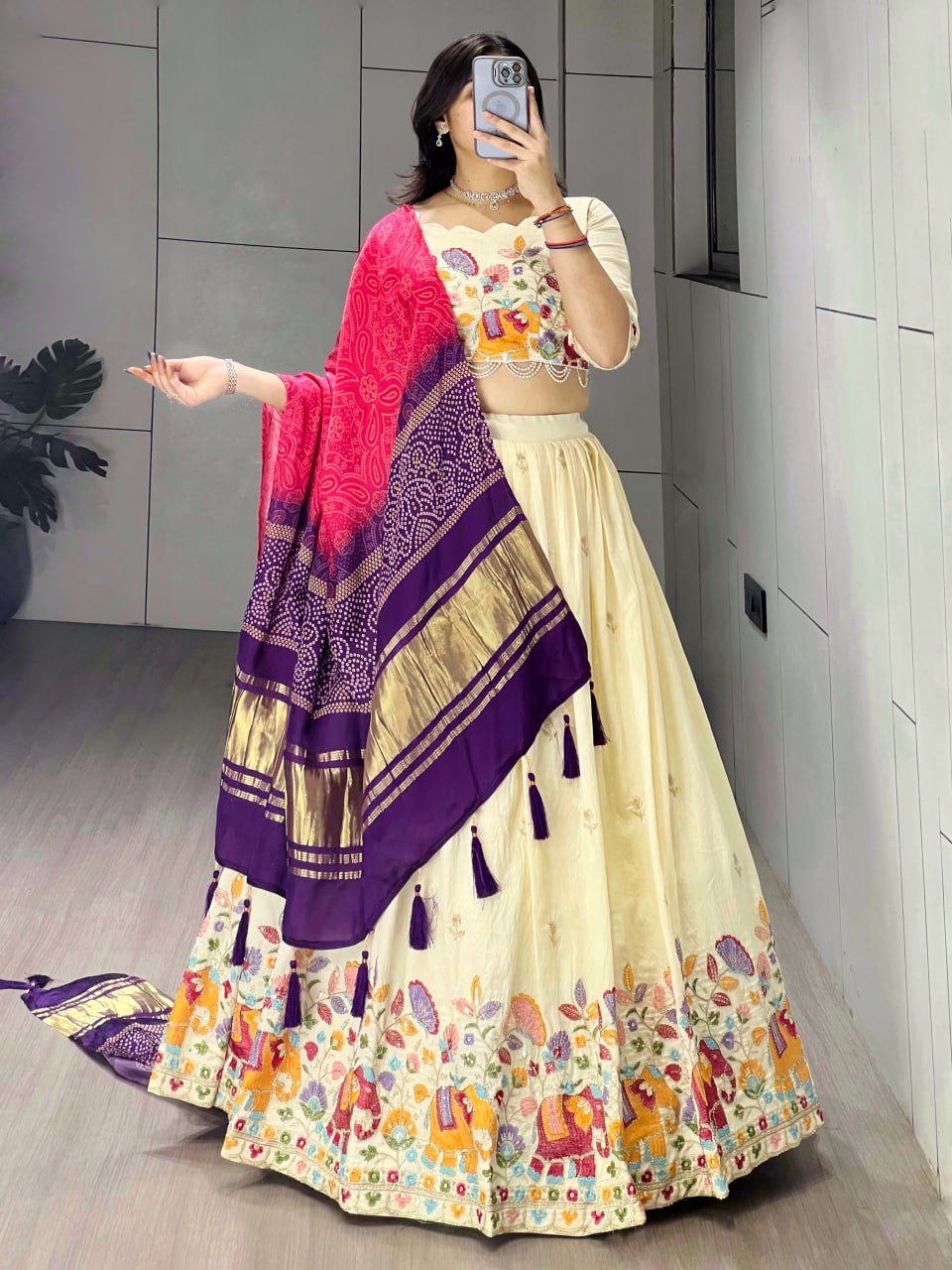Elegant Traditional Ethnic Lehenga Choli Ensemble with Embroidered Crush Vichitra Fabric and Pure Gaji Silk Dupatta
