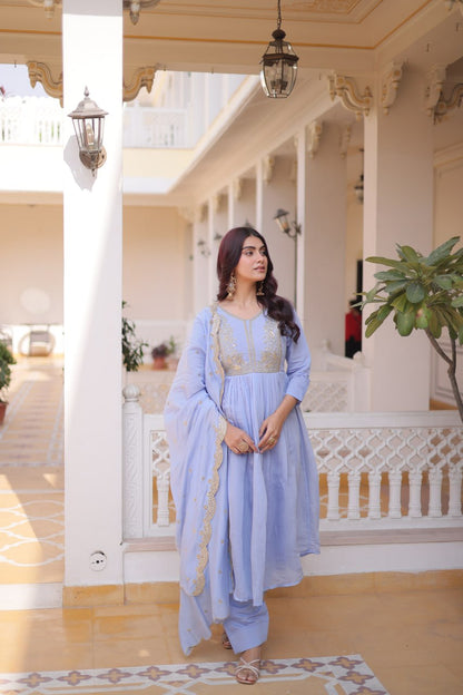 Premium Ready-to-Wear Mal Mal Chanderi Gown Set with Roman Silk Pants and Embroidered Dupatta