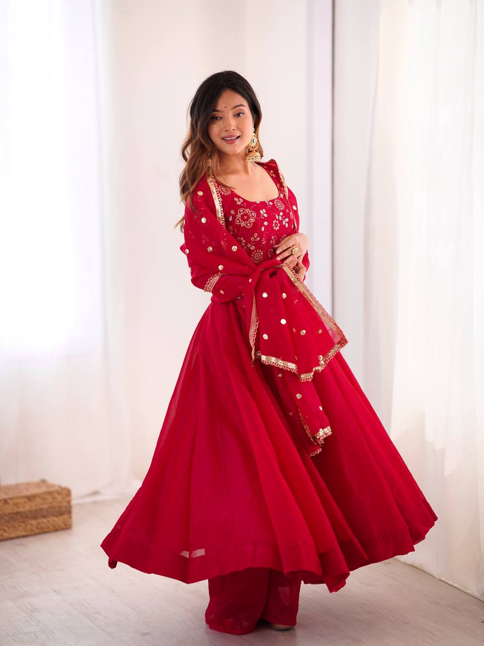 RangBhoomi Women's Elegant Ethnic Wear Set with Silk Gown, Pants, and Embroidered Dupatta