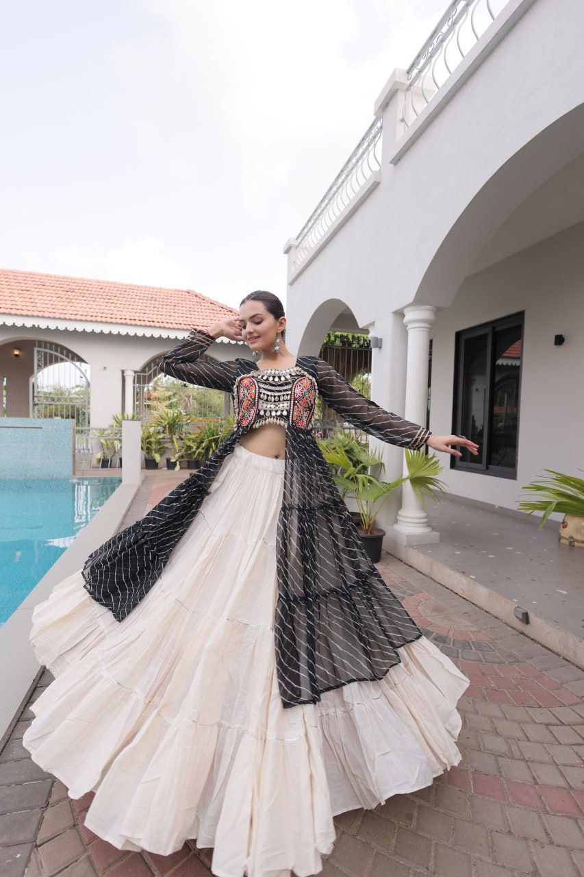 RangBhoomi Kora Cotton Lehenga & Faux Georgette Kurti Set - Full-Stitched, Frilled Lehenga, Laheriya Print Kurti
