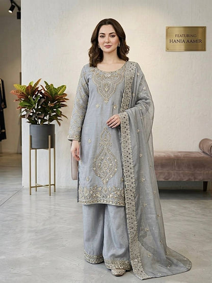 Elegant Designer Party Wear Top, Palazzos, and Dupatta Set with Intricate Heavy Embroidery and Beaded Detailing