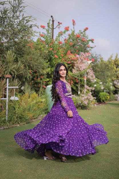 RangBhoomi Bandhani & Kutchi Patchwork Faux Georgette Gown — Full Sleeve, 12m Flair, Cotton Lining