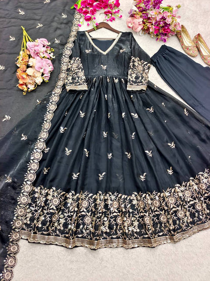 RangBhoomi Fendy Satin Silk Gown Set with Micro Silk Pants & Embroidered Dupatta