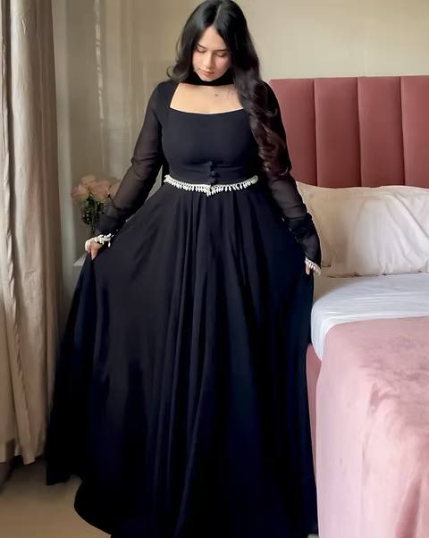 RangBhoomi Cinderella Red Fox Georgette Floor-Length Anarkali with Tassel Embellishments
