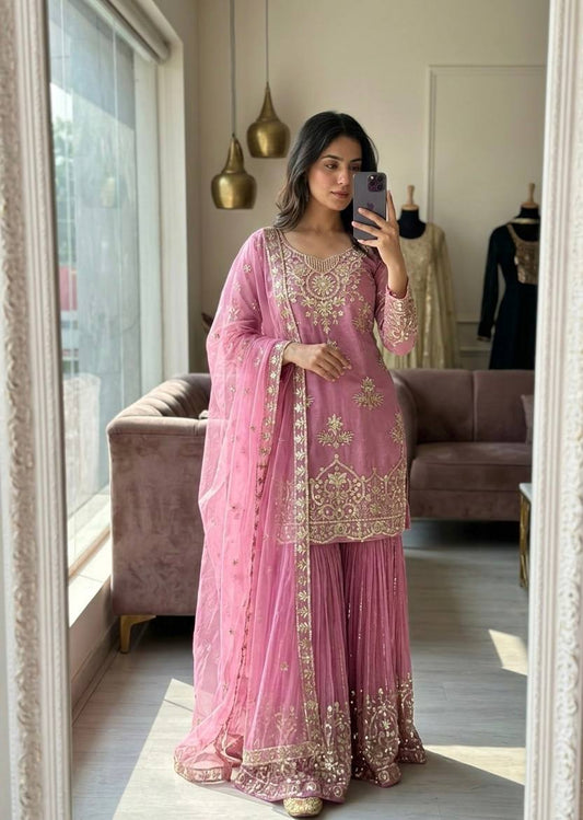 RangBhoomi Orgenza Twine Net Top, Sharara & Dupatta Set — Embroidered Ready-to-Wear
