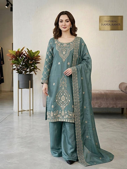 Elegant Designer Party Wear Top, Palazzos, and Dupatta Set with Intricate Heavy Embroidery and Beaded Detailing