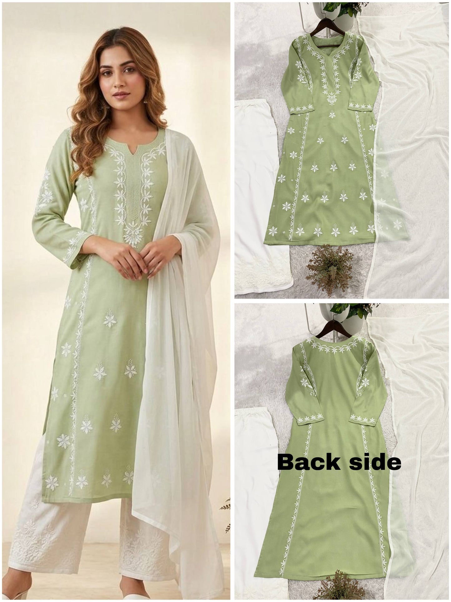 Elegant Summer Designer Chikankari Embroidered Rayon Top with Palazzo and Plain Georgette Dupatta Set
