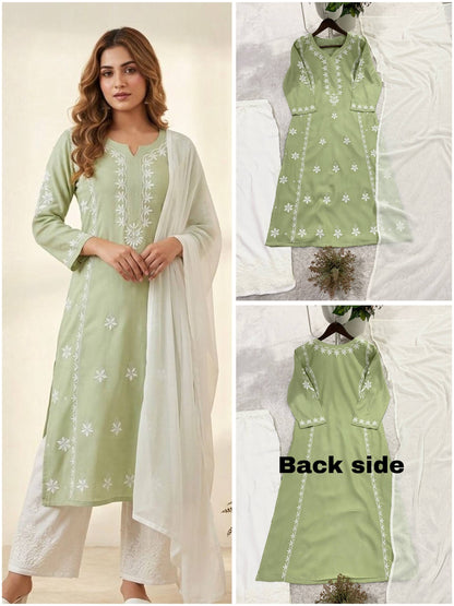 Elegant Summer Designer Chikankari Embroidered Rayon Top with Palazzo and Plain Georgette Dupatta Set