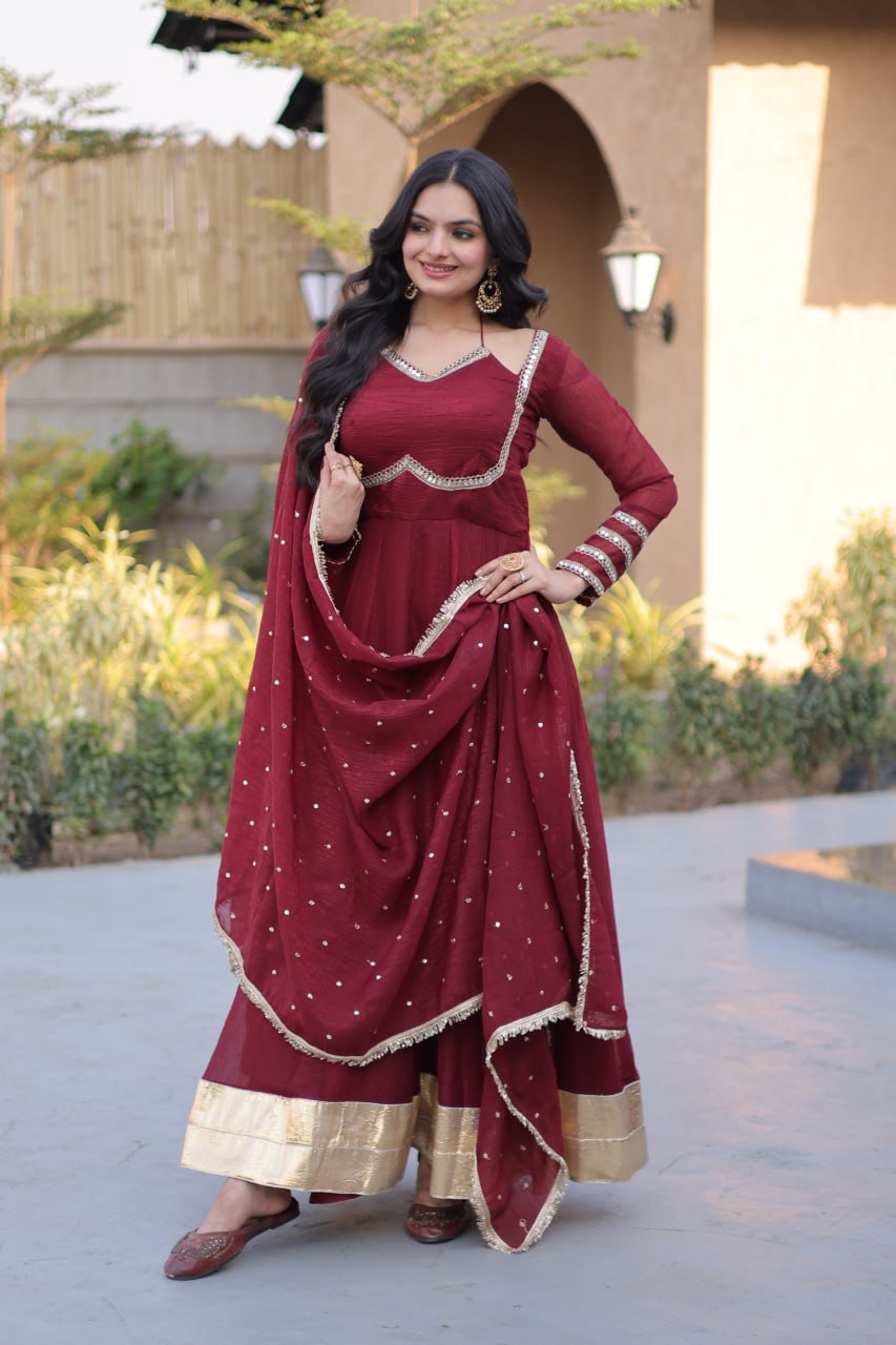 RangBhoomi Silver Mirror Lace Gown with Dupatta - Elegant Occasion Wear