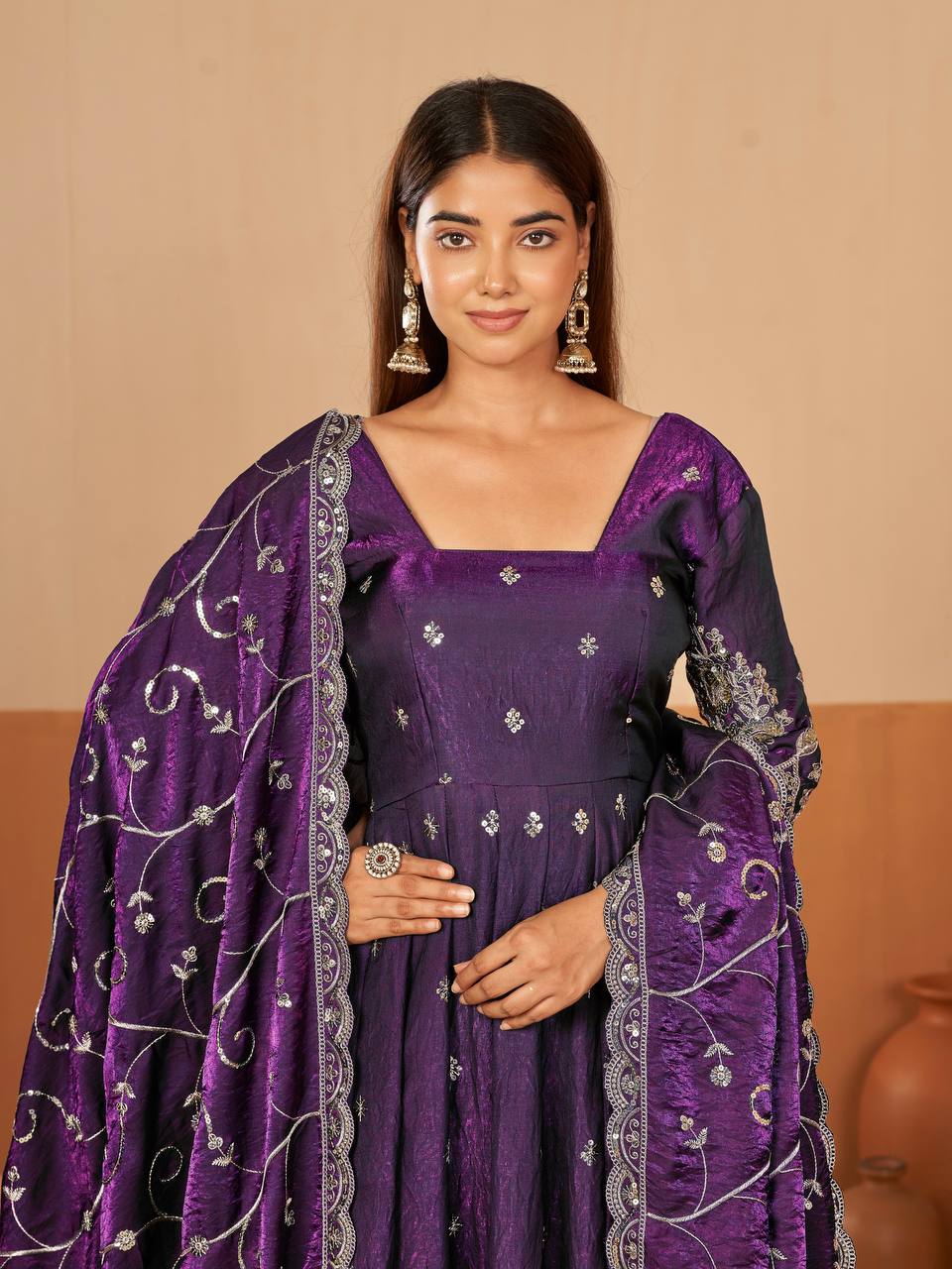 RangBhoomi Designer Party Wear Gown Set — 10 Colors, Heavy Jelly Shimmer Silk, Fully Stitched Embroidered Gown with Dupatta & Micro-Cotton Pant