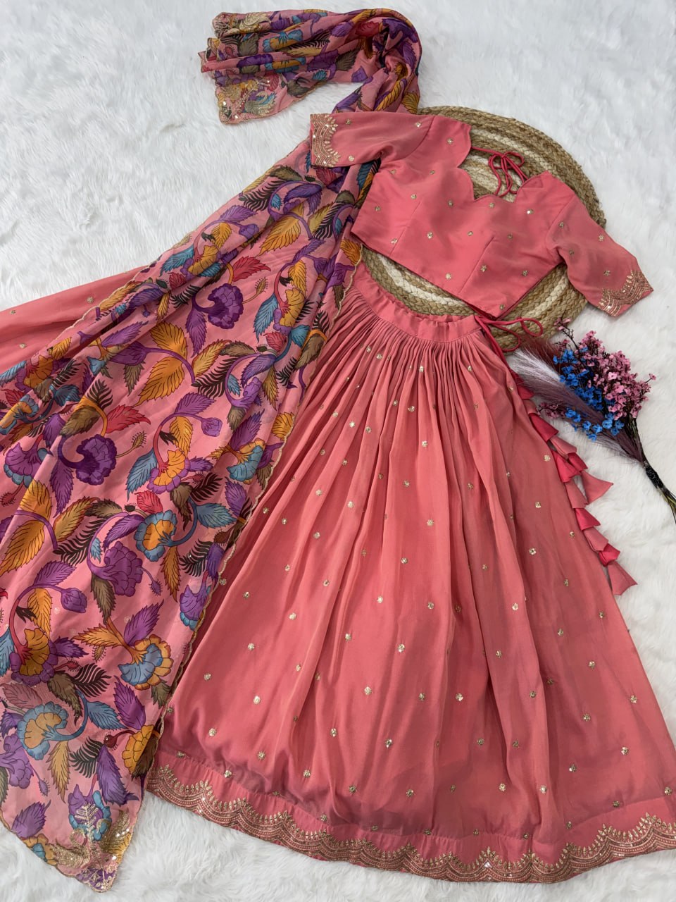 Elegant Lehengha Choli Set with Embroidered Cosmos Silk and Printed Tabby Silk Dupatta