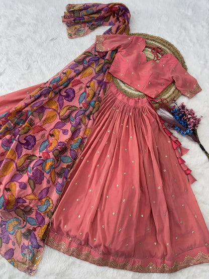 Elegant Lehengha Choli Set with Embroidered Cosmos Silk and Printed Tabby Silk Dupatta