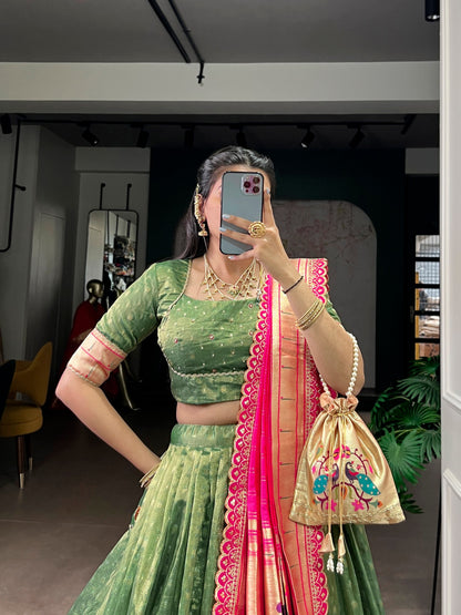 Paithani Lehenga Choli Ensemble 2026 - Shimmering Organza with Zari Weaving and Jacquard Silk Dupatta