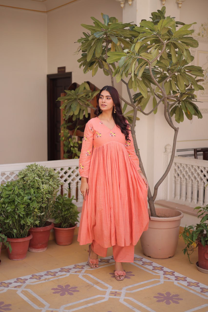 Premium Ready-to-Wear Embroidered Cotton Kurti with Matching Cotton Pants