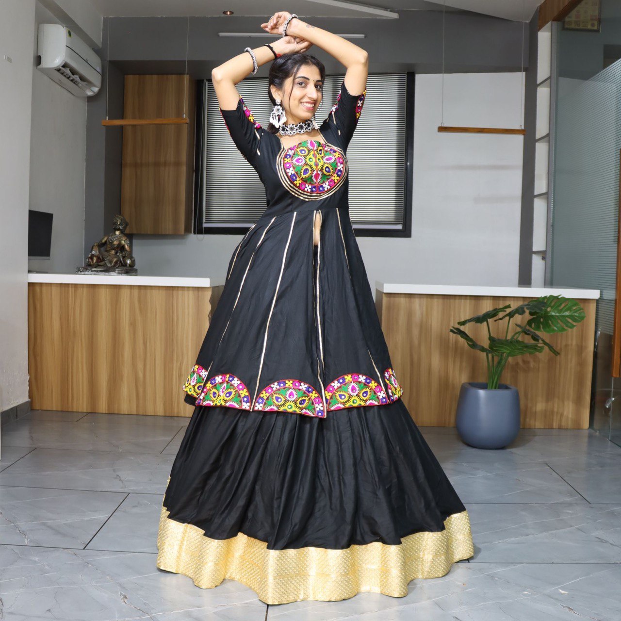 Ethnic Women's Pure Rayon Cotton Lehenga Set with Traditional Mirror and Applique Work