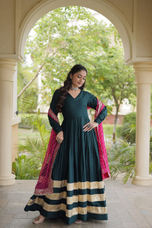RangBhoomi Navratri Gown & Dupatta Collection 2026 – Full-Sleeve V-Neck Reyon Gown with Georgette Dupatta