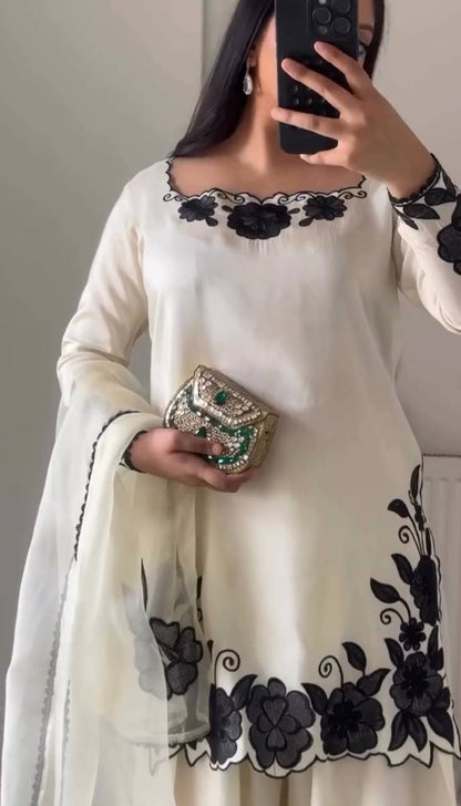 Elegant Women’s Ethnic Silk Ensemble with Embroidered Detailing and Ready-to-Wear Stitching