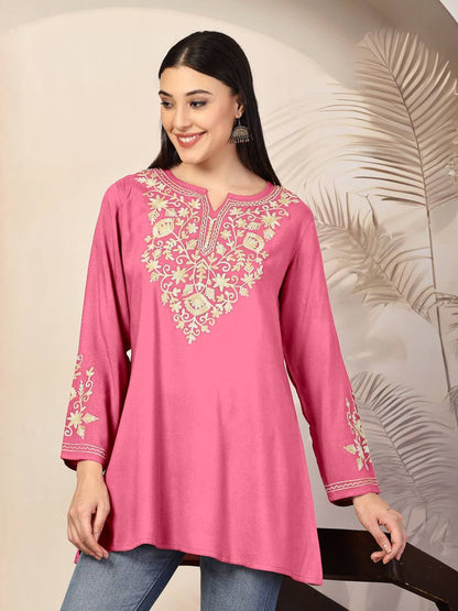 Vibrant pink Adaa ShortKurti with eye-catching gold embroidery and comfortable, loose silhouette.