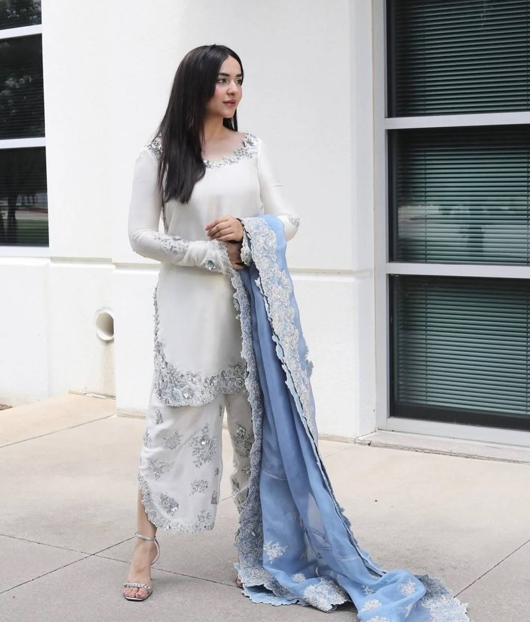 New Designer Party Wear Pure Roman Glass Embroidered Top with Fancy Palazzo and Dupatta Set
