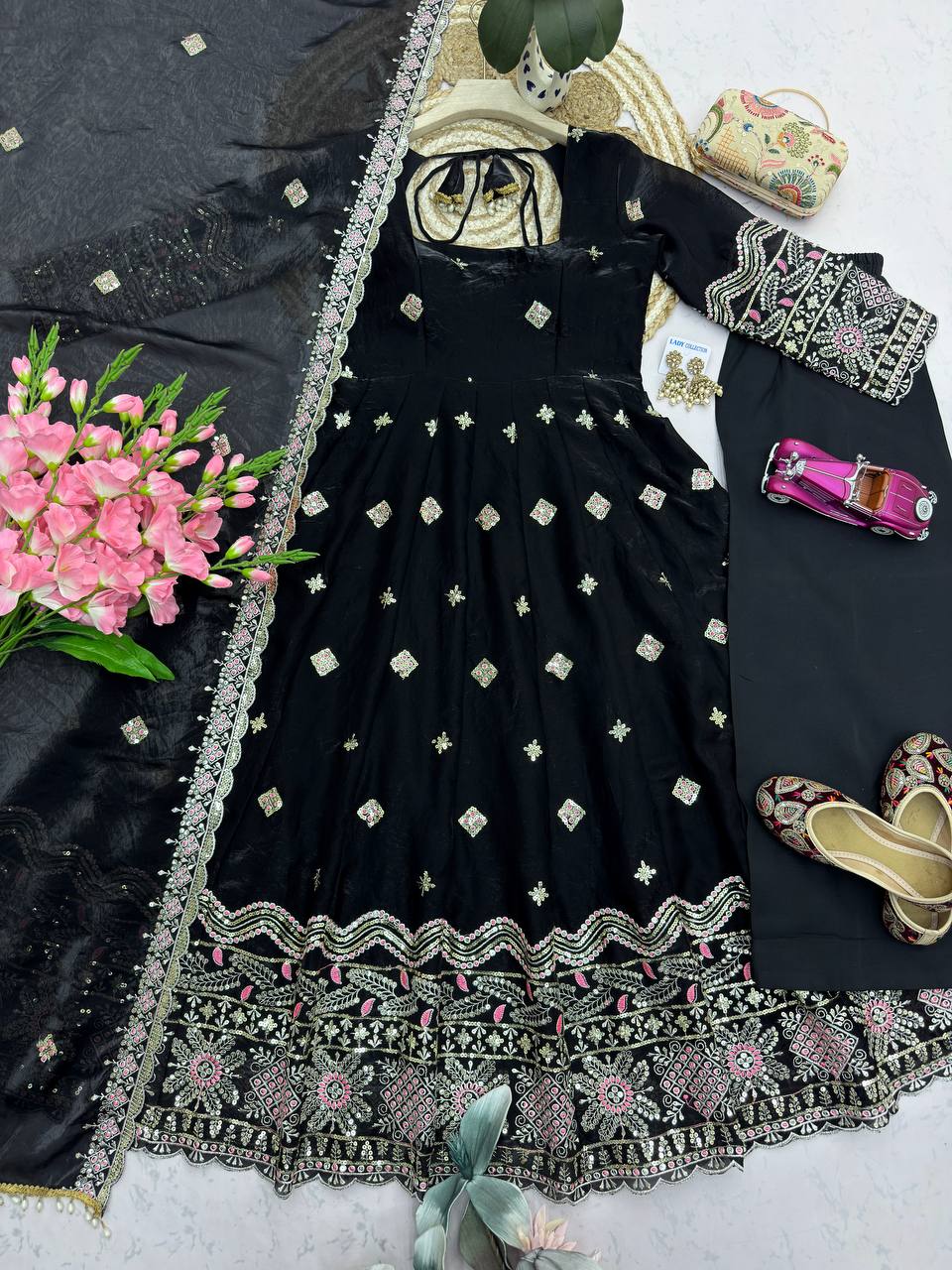 RangBhoomi Designer Party Wear Two-Tone Fandy Silk Embroidered Gown with Dupatta & Plazo