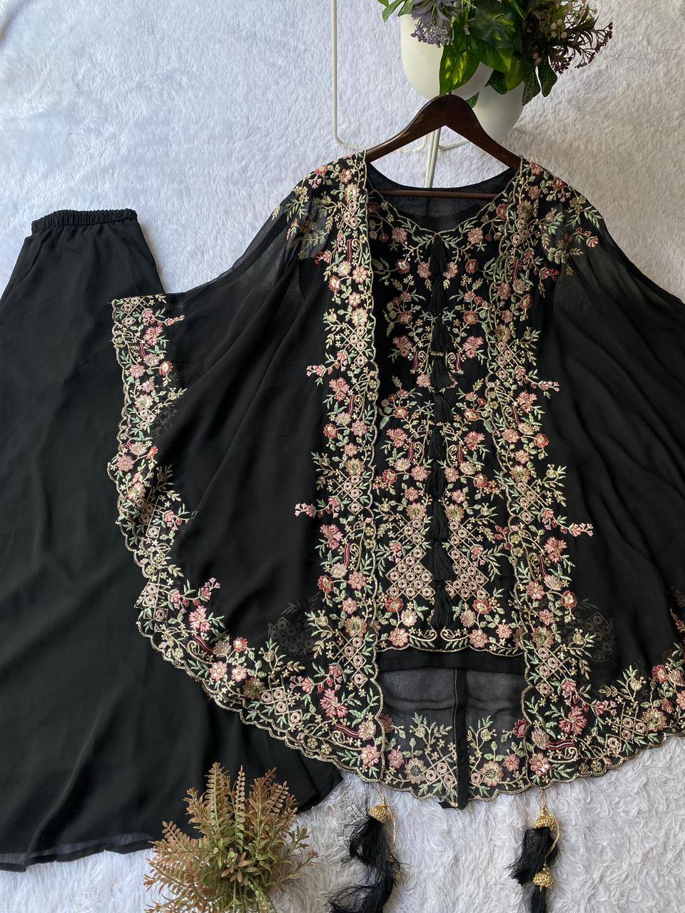 Elegant Designer Kurta and Palazzo Set with Sequined Embroidered Shrug in Luxurious Faux Georgette Fabric