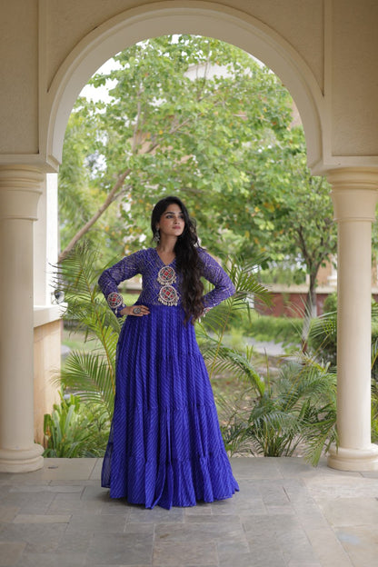 RangBhoomi Navratri Gown 2026 – Laheriya Print with Kutchi Patchwork, Faux Georgette Lined Cotton, Full Sleeve, 56 Inch Length